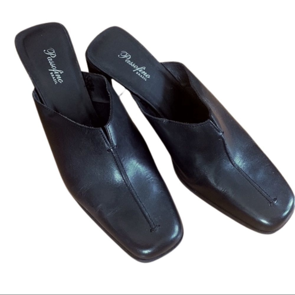 SOLD Leather Vintage chunky heel Mules black squared toe passofino brazil size 8